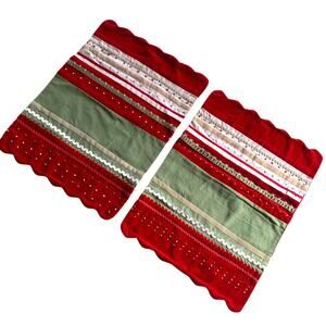 Set of 2 Red Green Velvet Ric Rac Embroidered Placemats Christmas Scalloped Edge